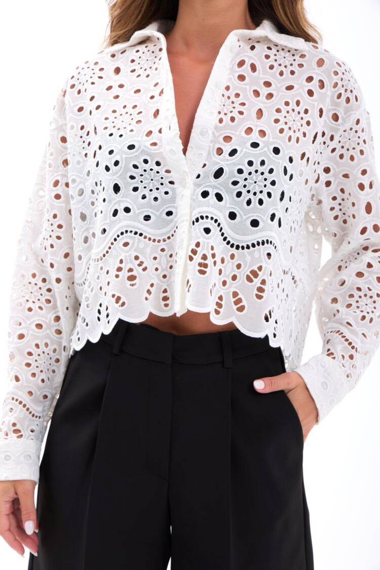 White Elegant Retro Crop Shirt