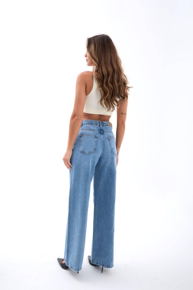 Blue Mom Jeans High Waist Wide Leg Buttoned
