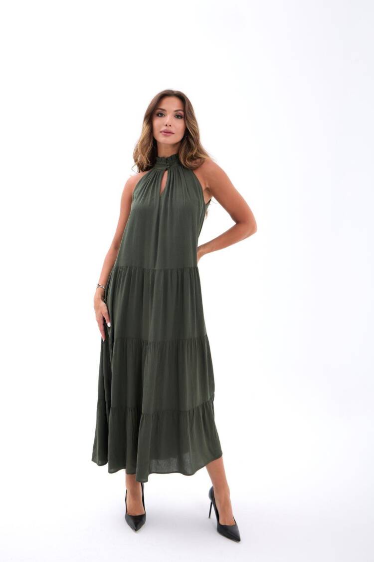 Green A-Line Sleeveless High Neck Midi Dress - Brand: Fame - Women's Clothing Wholesale - Globality Store