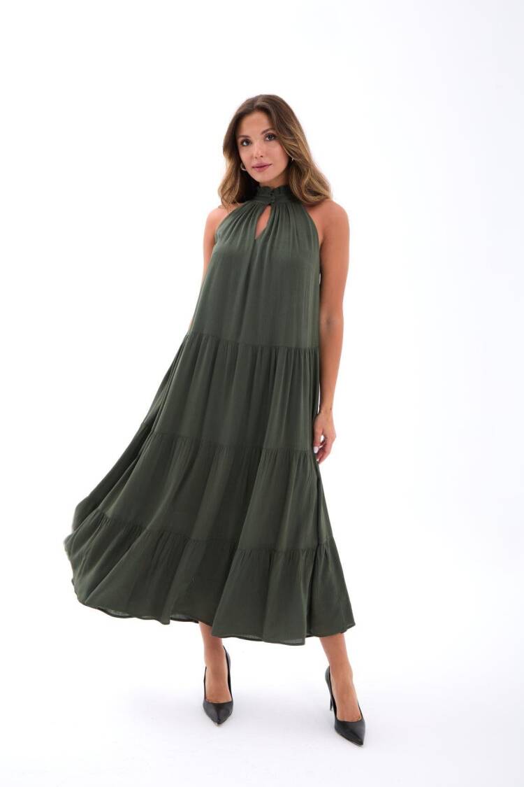 Green A-Line Sleeveless High Neck Midi Dress