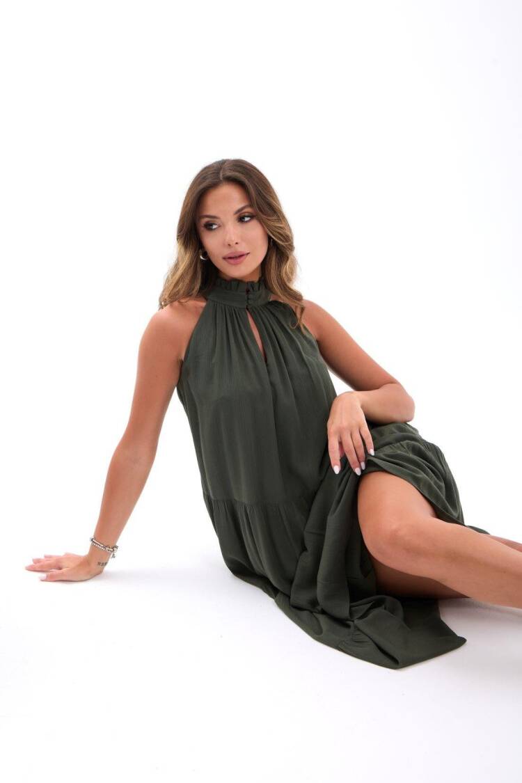 Green A-Line Sleeveless High Neck Midi Dress