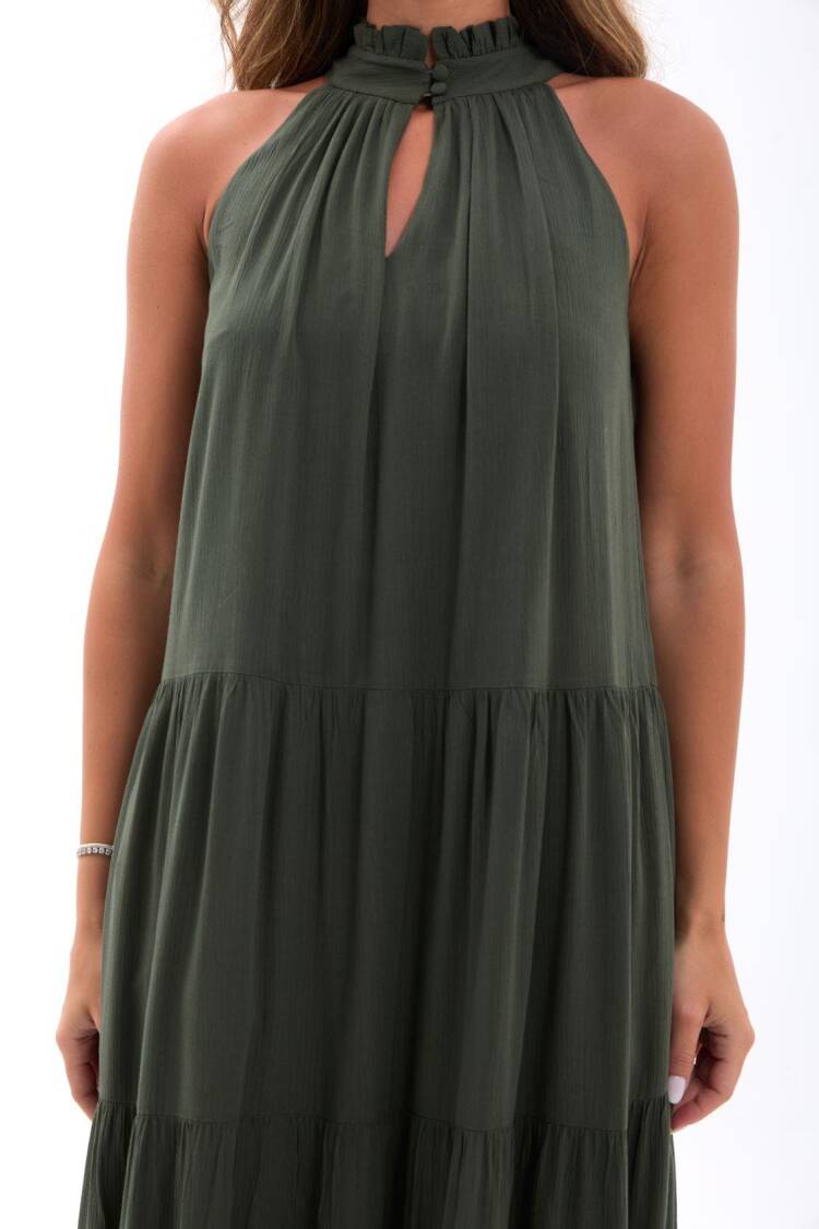 Green A-Line Sleeveless High Neck Midi Dress