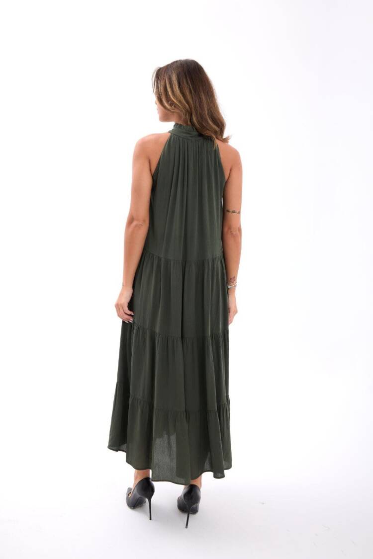 Green A-Line Sleeveless High Neck Midi Dress
