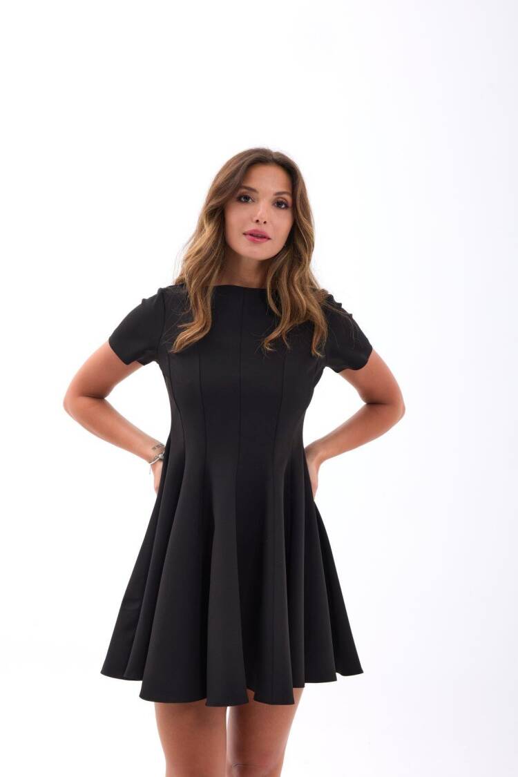 Black Skater Mini Dress With Short Sleeves