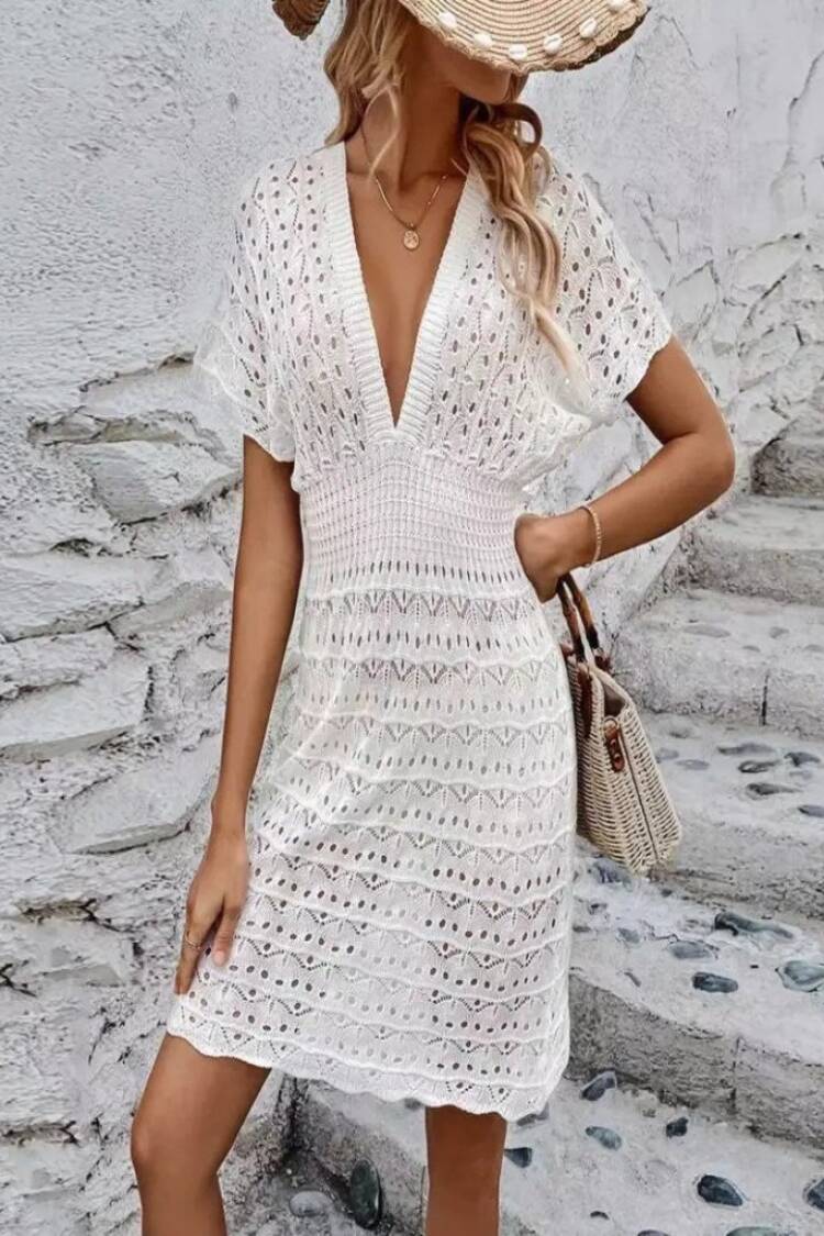 White Fit And Flare Dress With Plunging Neck