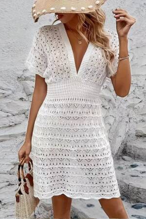 White Fit And Flare Dress With Plunging Neck - Brand: Janes - Women's Clothing Wholesale - Globality Store