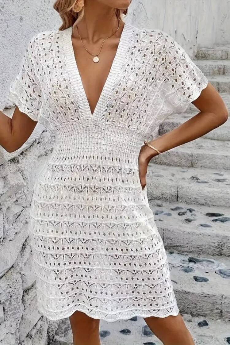 White Fit And Flare Dress With Plunging Neck