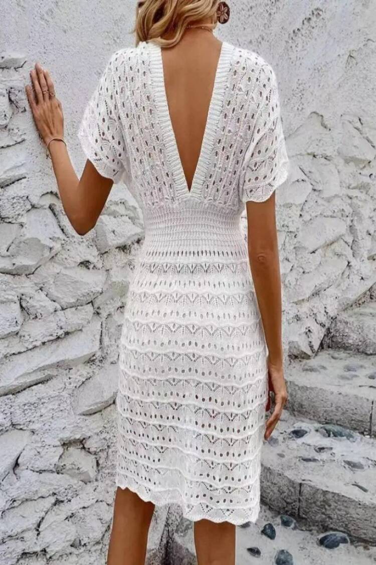 White Fit And Flare Dress With Plunging Neck