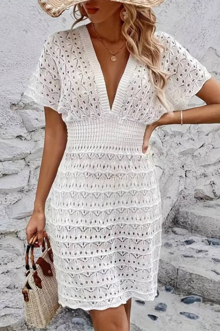 White Fit And Flare Dress With Plunging Neck - Brand: Janes - Women's Clothing Wholesale - Globality Store