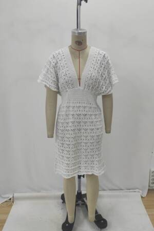 White Fit And Flare Dress With Plunging Neck - Brand: Janes - Women's Clothing Wholesale - Globality Store
