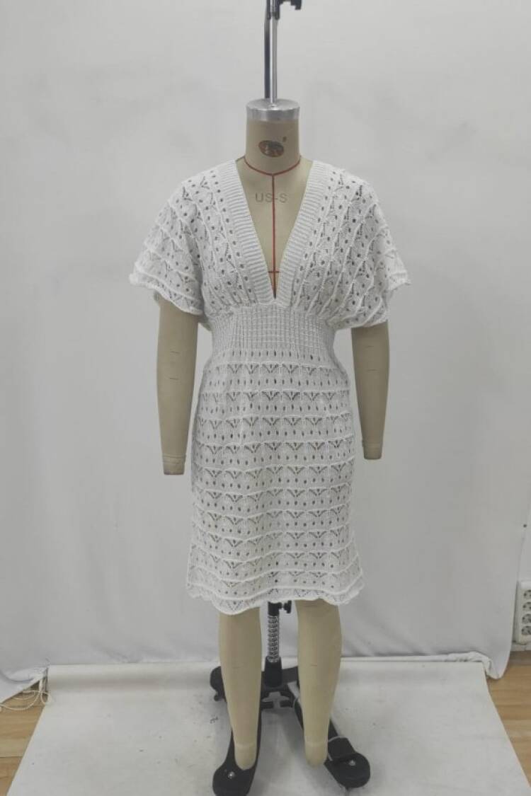 White Fit And Flare Dress With Plunging Neck
