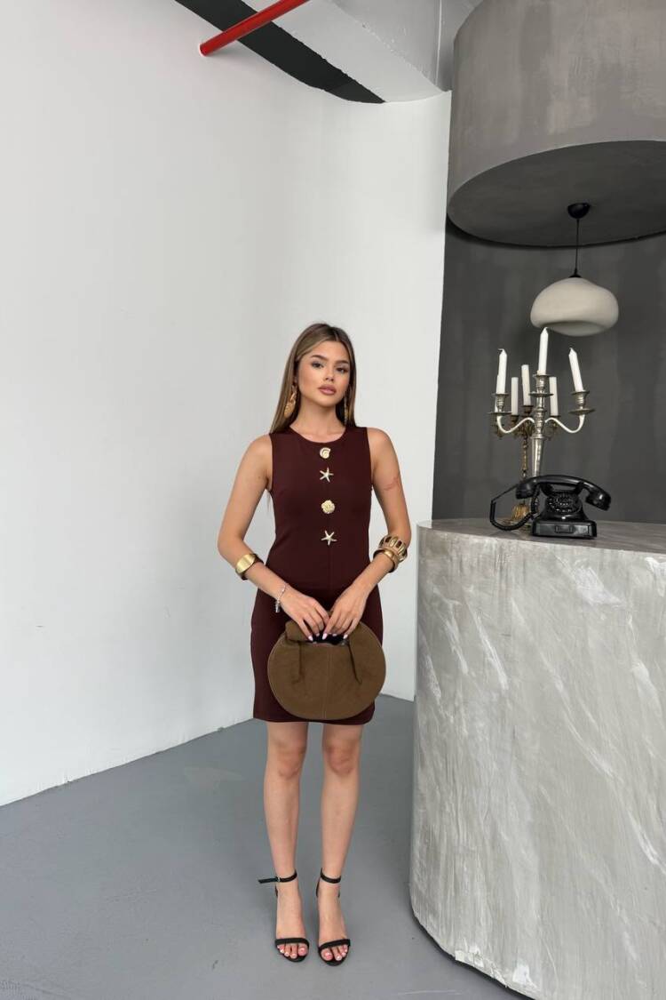 Brown Sheath Mini Dress With Cap Sleeves - Brand: Ezgi Nisantasi - Women's Clothing Wholesale - Globality Store