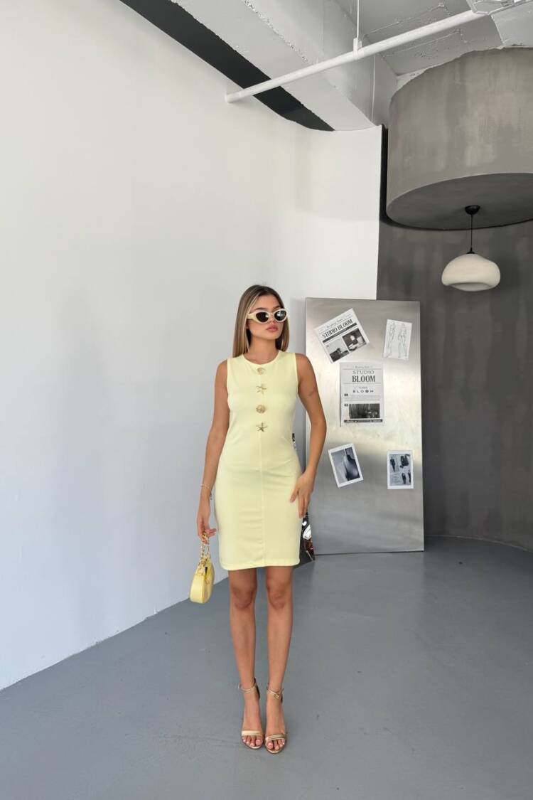 Yellow Sheath Dress With Cap Sleeves - Brand: Ezgi Nisantasi - Women's Clothing Wholesale - Globality Store