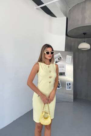 Yellow Sheath Dress With Cap Sleeves - Brand: Ezgi Nisantasi - Women's Clothing Wholesale - Globality Store