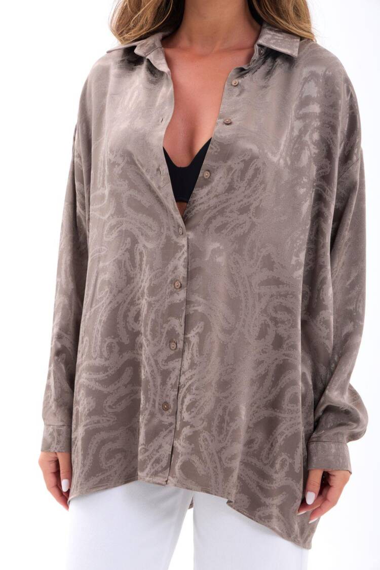 Beige Paisley Shawl Collar Oversized Buttoned Shirt