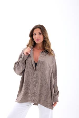 Beige Paisley Shawl Collar Oversized Buttoned Shirt - Brand: Fame - Women's Clothing Wholesale - Globality Store