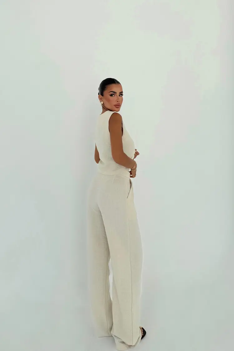 Beige Elegant Formal Suit With Wide Leg Pants