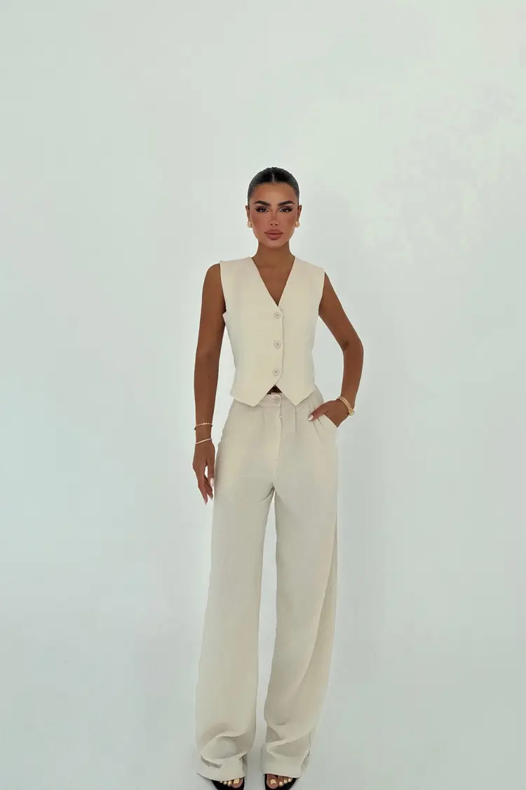 Beige Elegant Formal Suit With Wide Leg Pants - Brand: EYYO ATELIER - Women's Clothing Wholesale - Globality Store
