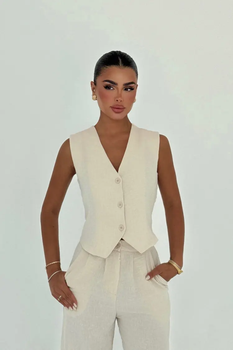 Beige Elegant Formal Suit With Wide Leg Pants