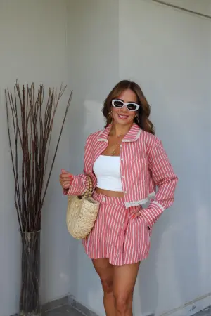 Pink Striped Paper Bag High Waist Shorts