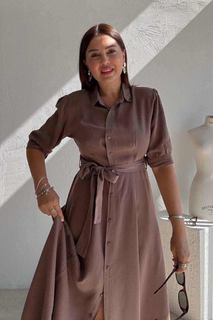 Brown Elegant Shirt Dress With Shawl Collar - Midi - Brand: Cream Rouge - Women's Clothing Wholesale - Globality Store