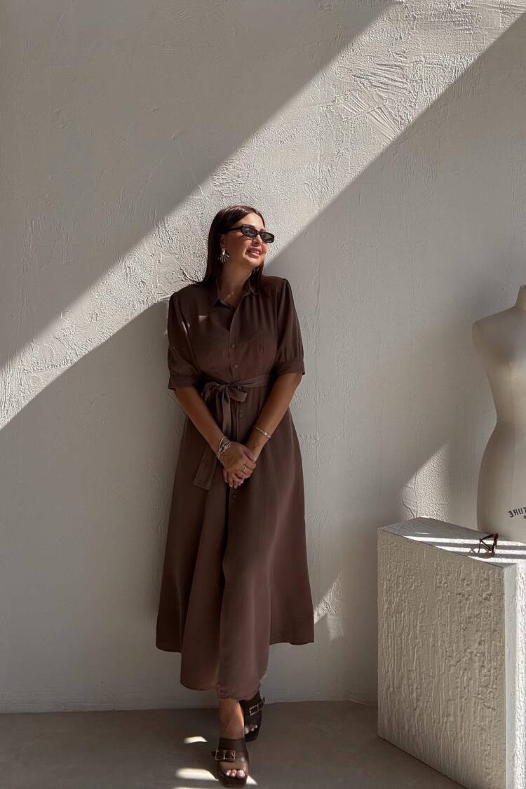 Brown Elegant Shirt Dress With Shawl Collar - Midi