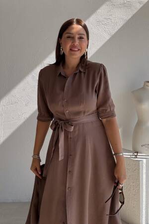 Brown Elegant Shirt Dress With Shawl Collar - Midi - Brand: Cream Rouge - Women's Clothing Wholesale - Globality Store