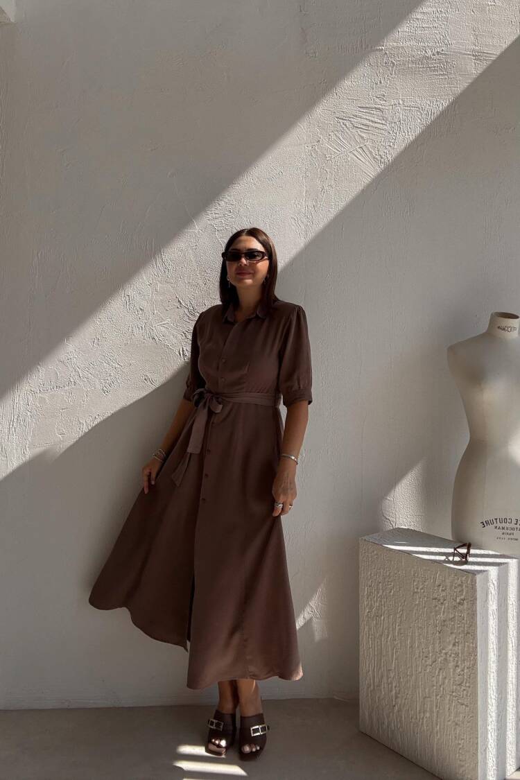 Brown Elegant Shirt Dress With Shawl Collar - Midi
