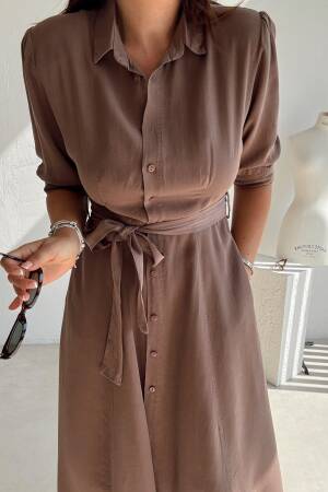 Brown Elegant Shirt Dress With Shawl Collar - Midi - Brand: Cream Rouge - Women's Clothing Wholesale - Globality Store
