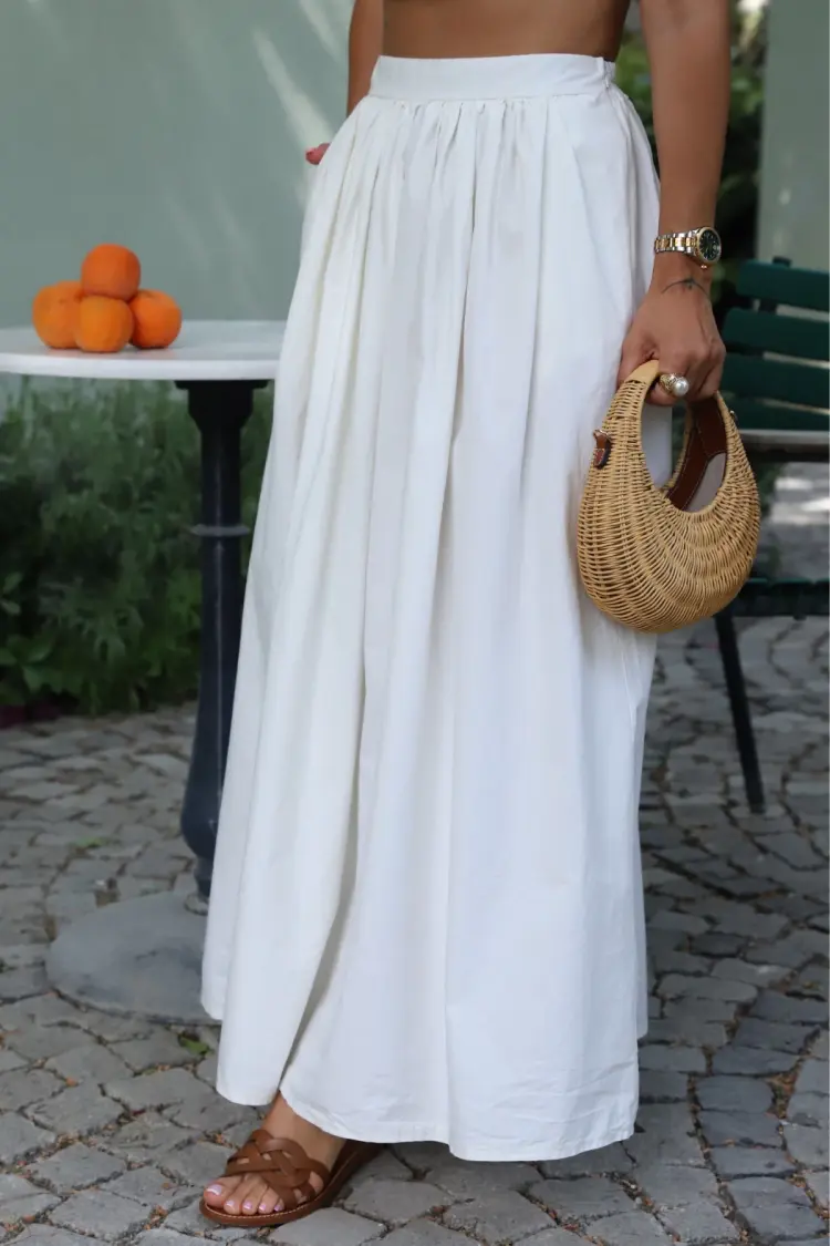 White Flared Maxi Skirt With High Waist