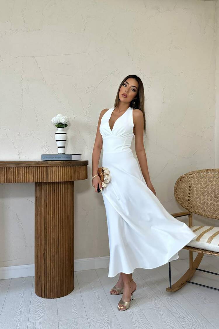 White Elegant Sleeveless V-Neck Maxi Slip Dress With Cap Sleeve