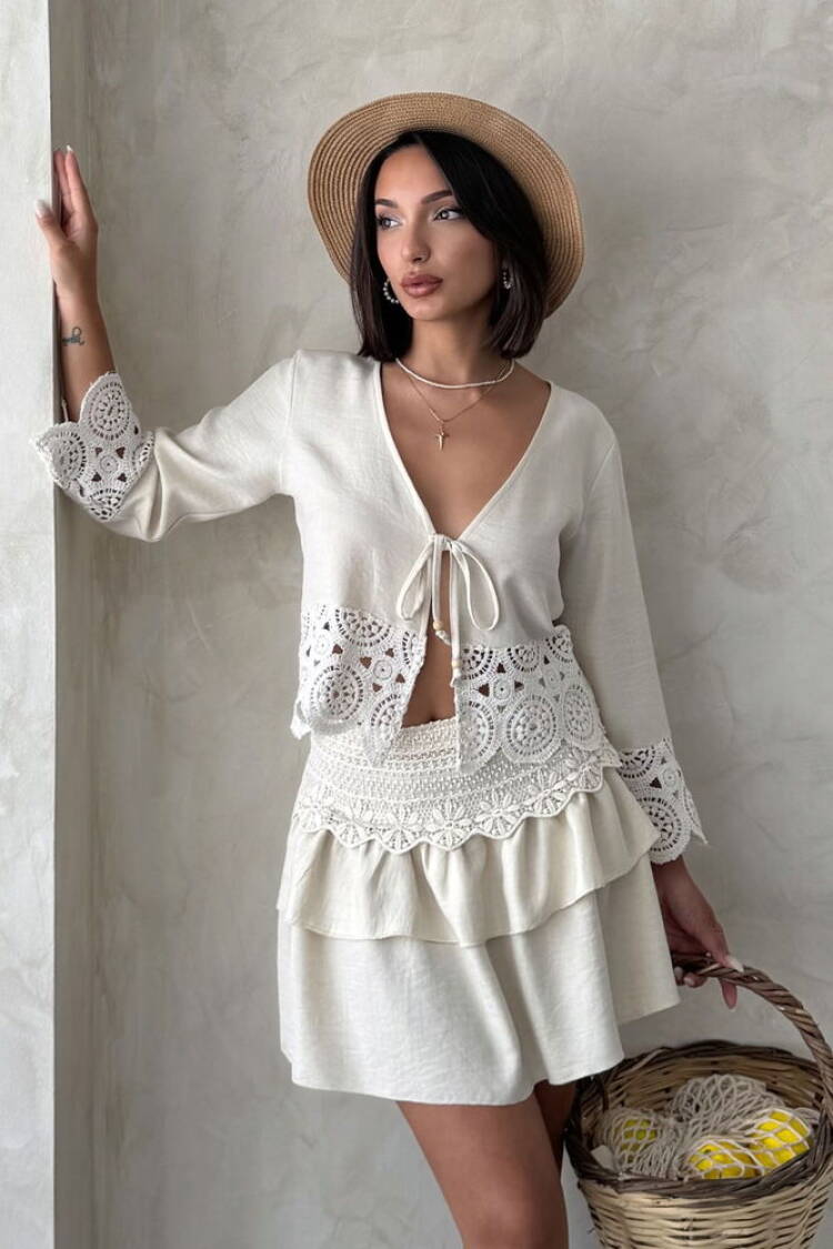 Beige Boho Tie V-Neck 3/4 Sleeve Shirt - Brand: Topshow - Women's Clothing Wholesale - Globality Store