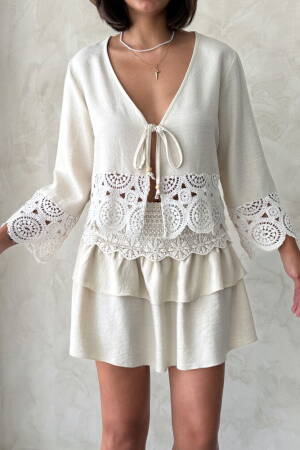 Beige Boho Tie V-Neck 3/4 Sleeve Shirt - Brand: Topshow - Women's Clothing Wholesale - Globality Store