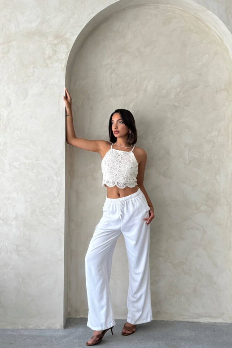 White Blouse Slim Fit Halter Neck Crop Casual