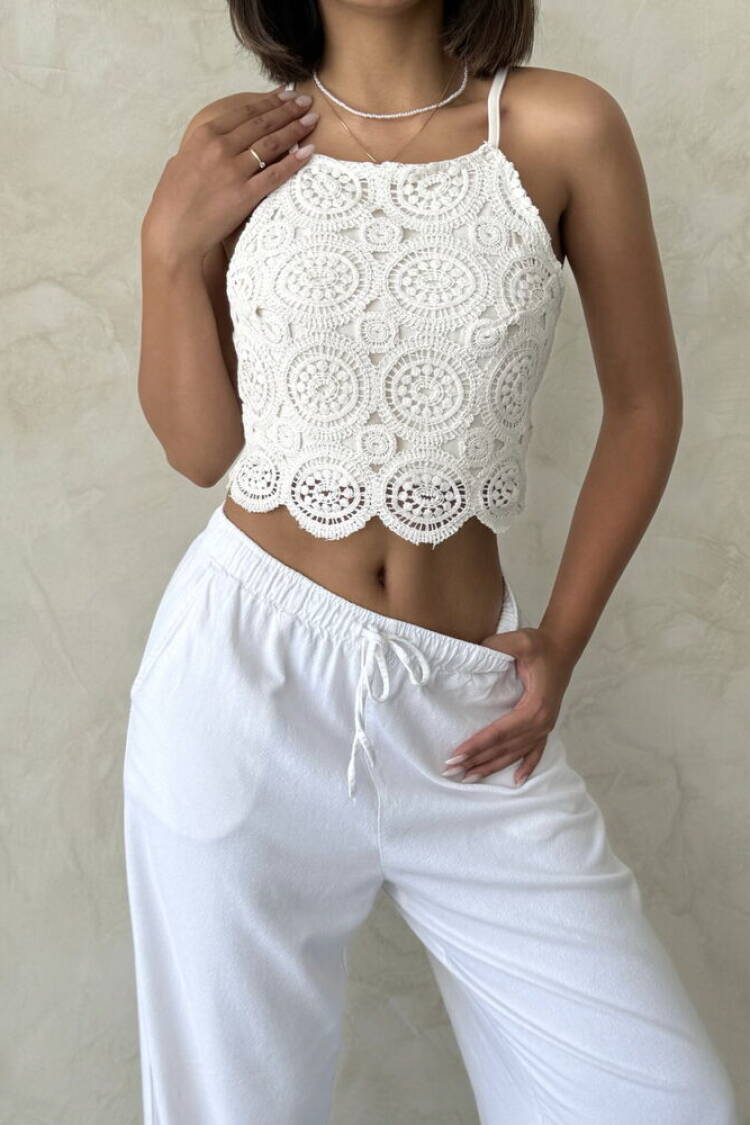 White Blouse Slim Fit Halter Neck Crop Casual
