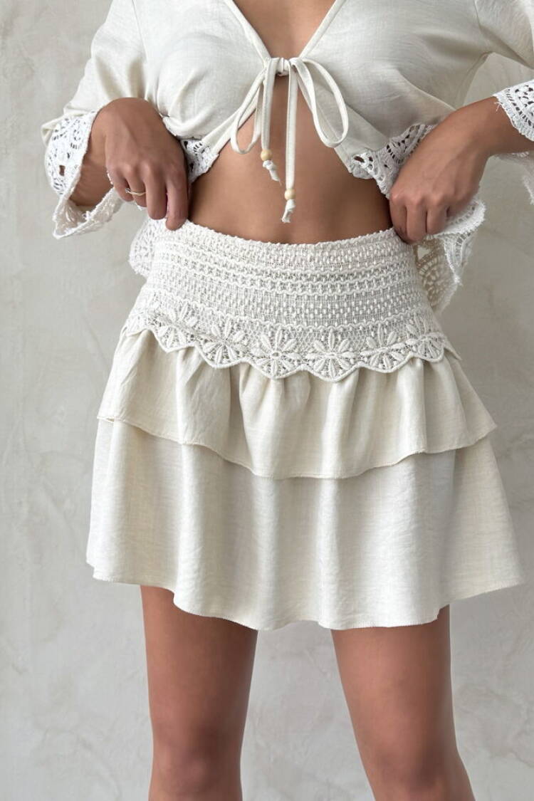 Beige Boho Layered Mini Skirt With Tie Closure