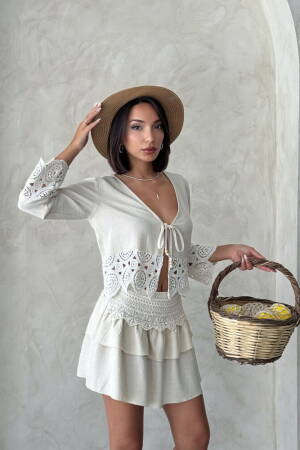 Beige Boho Layered Mini Skirt With Tie Closure - Brand: Topshow - Women's Clothing Wholesale - Globality Store