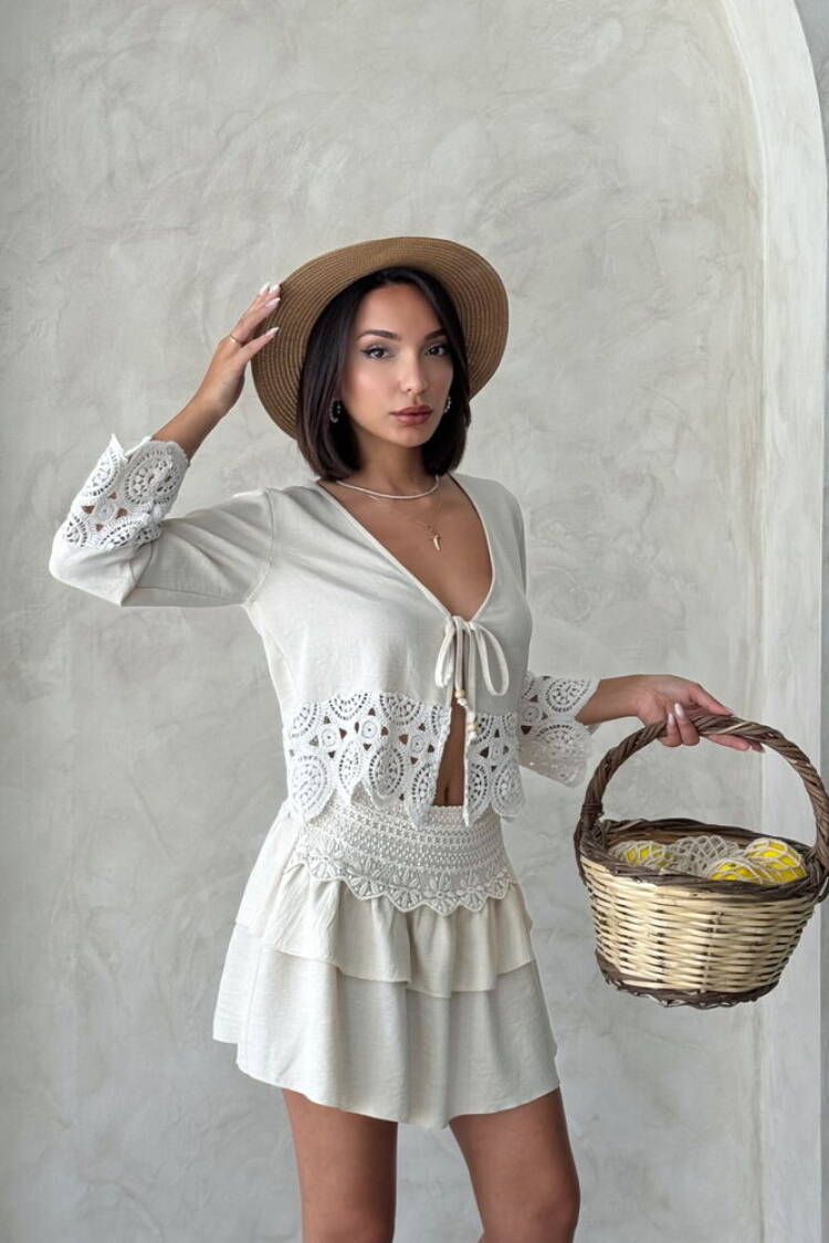 Beige Boho Layered Mini Skirt With Tie Closure