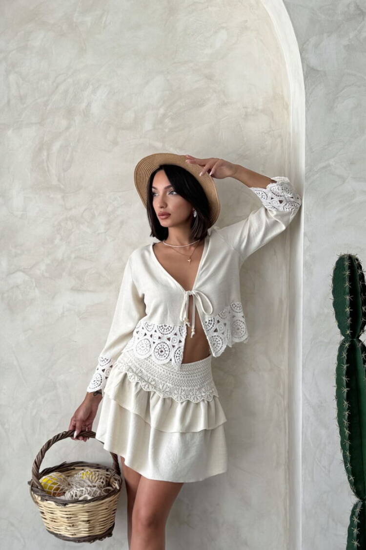 Beige Boho Layered Mini Skirt With Tie Closure