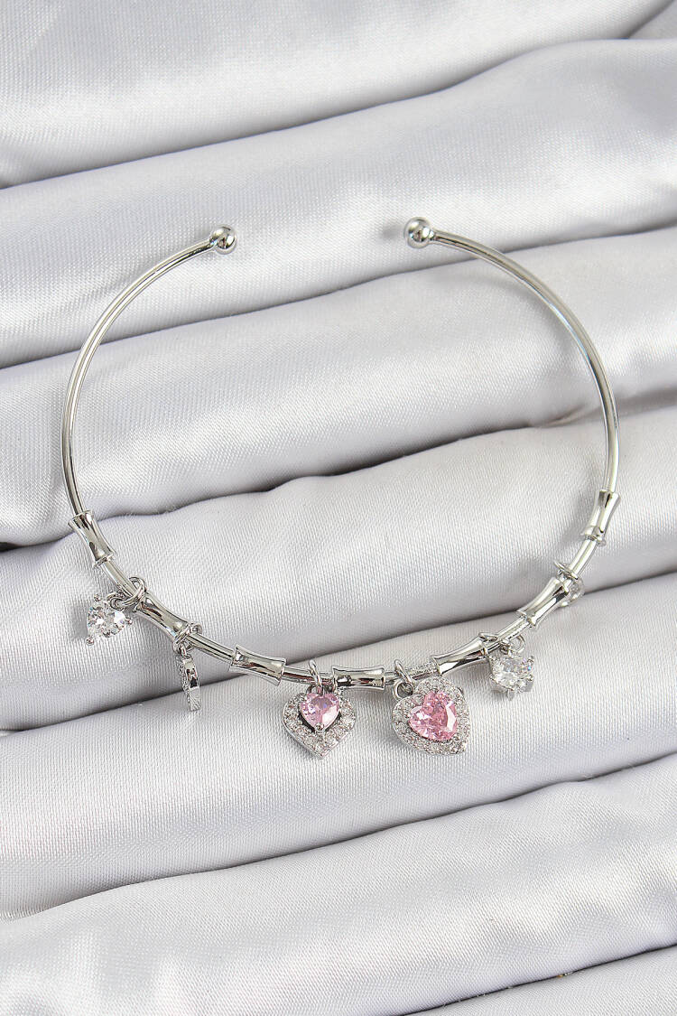 Pink Heart Pattern Silver Color Charm Bracelet With Brass Zircon Stone - Brand: Ebijuteri - Women's Clothing Wholesale - Globality Store