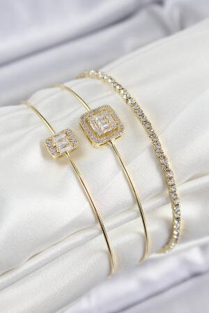 Brass Zircon Stone Baguette Model Gold Color Vip 3 Piece Women Bracelet