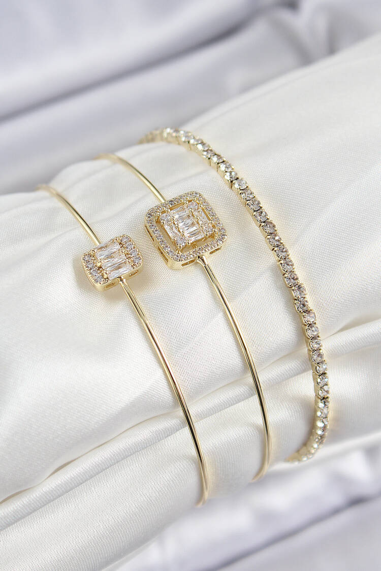 Brass Zircon Stone Baguette Model Gold Color Vip 3 Piece Women Bracelet