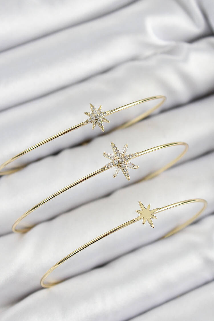 Brass Zircon Stone Pole Star Model Gold Color Vip 3 Piece Women Bracelet