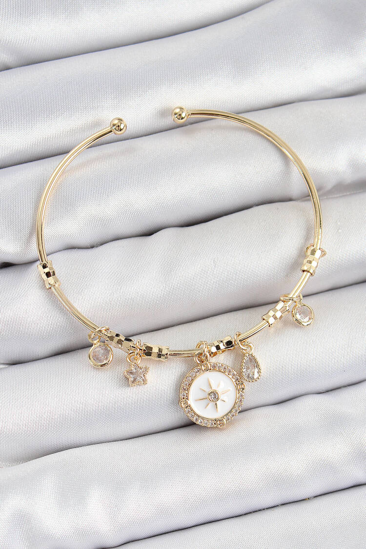 Brass Zircon Stone Compass Model Gold Color Charm Bracelet - Brand: Ebijuteri - Women's Clothing Wholesale - Globality Store
