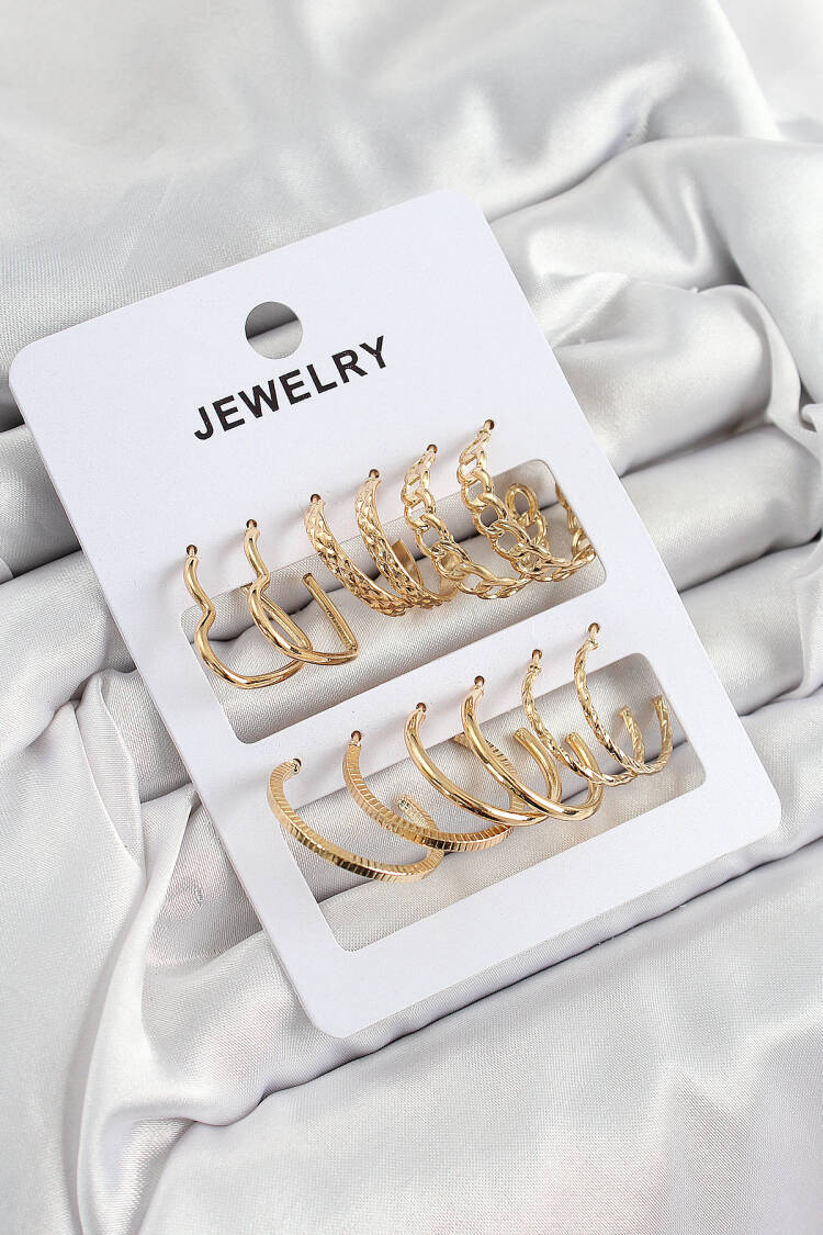 Brass Mixed Ring Model Gold Color 6 Pair Women Earrings Set - Brand: Ebijuteri - Women's Clothing Wholesale - Globality Store