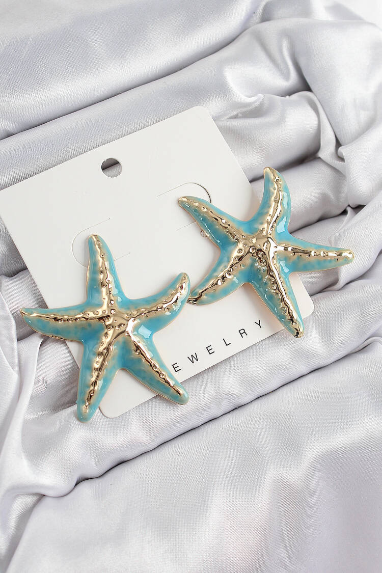 Brass Turquoise Starfish Model Vintage Women's Earrings - Brand: Ebijuteri - Women's Clothing Wholesale - Globality Store