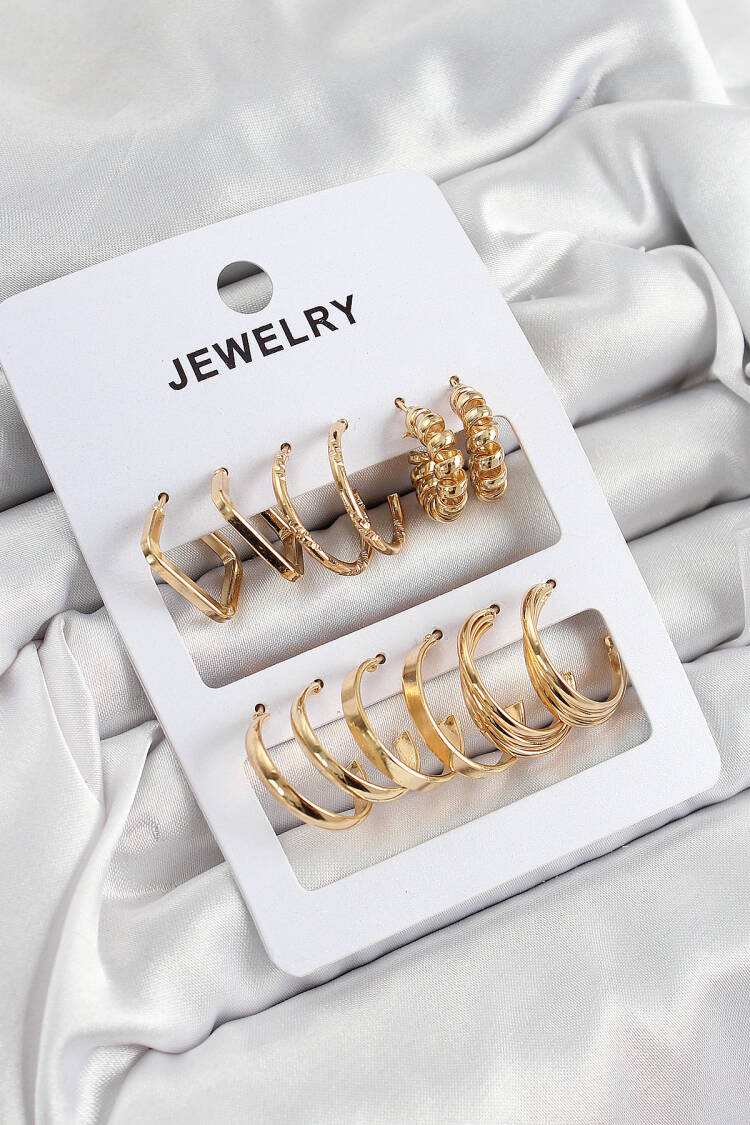 Brass Mixed Ring Model Gold Color 6 Pair Women Earrings Set - Brand: Ebijuteri - Women's Clothing Wholesale - Globality Store