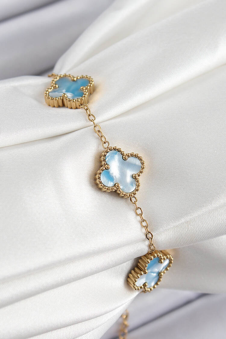 316l Steel Blue Pearl Clover Model Gold Color Women Bracelet - Brand: Ebijuteri - Women's Clothing Wholesale - Globality Store