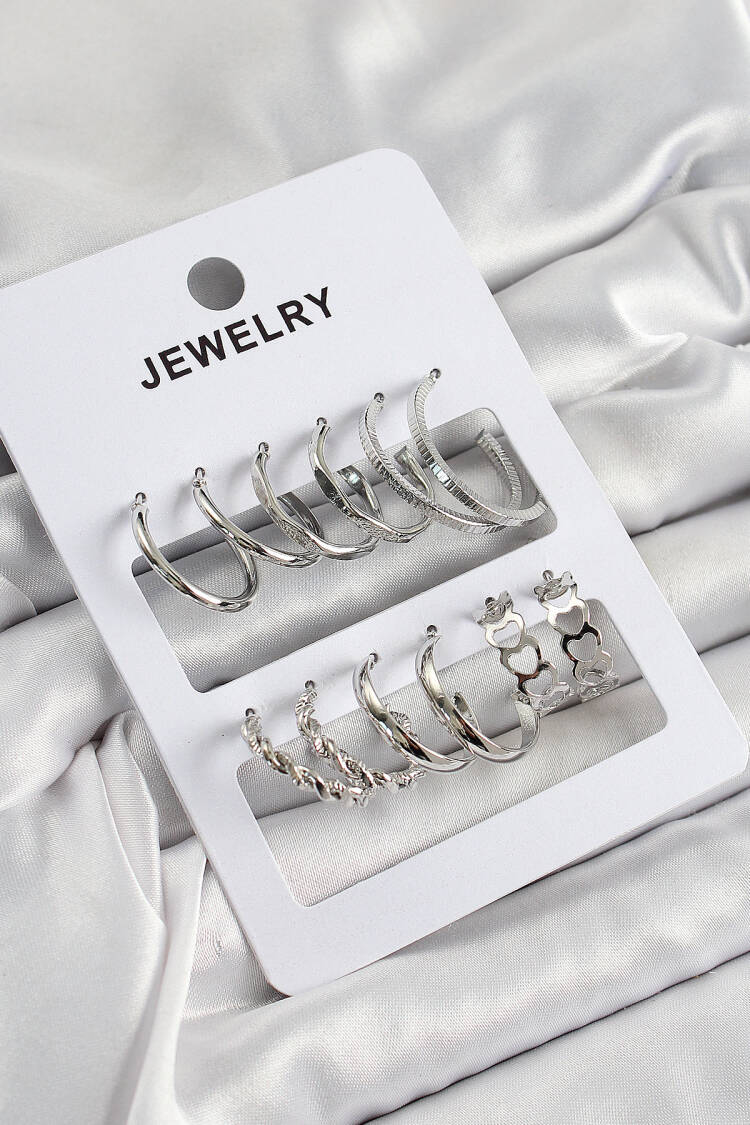 Brass Mixed Ring Pattern Silver Color 6 Pair Women Earrings Set - Brand: Ebijuteri - Women's Clothing Wholesale - Globality Store