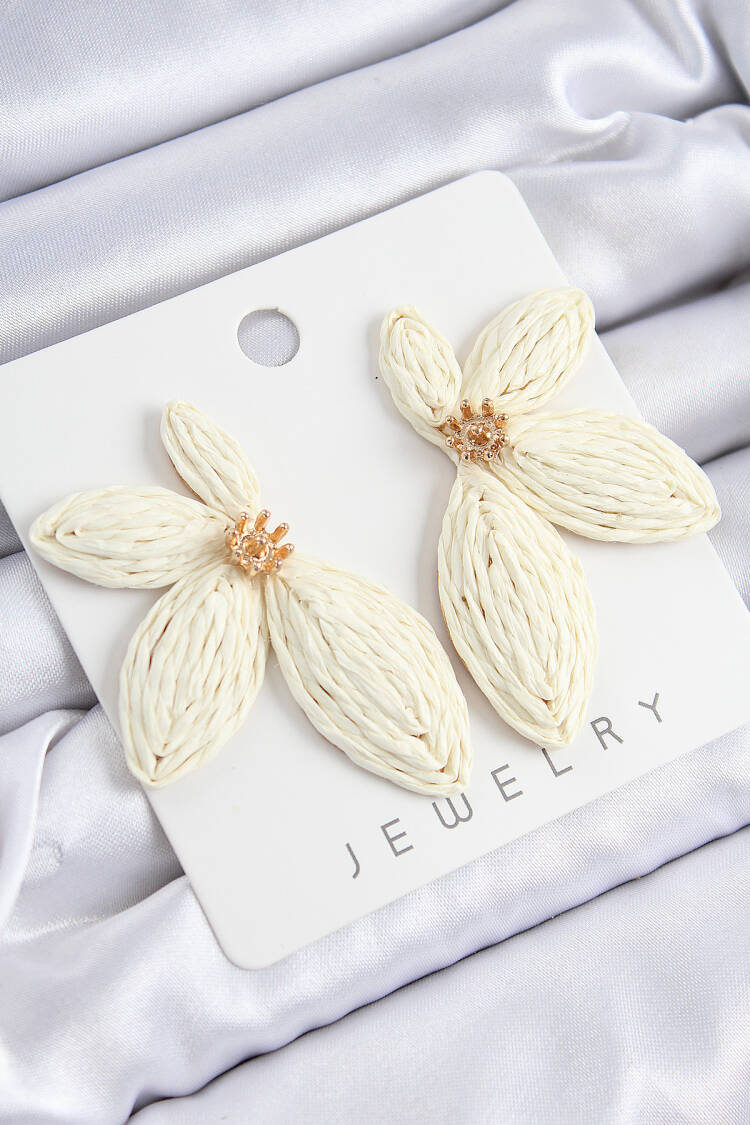 Half Flower Pattern Cream Color Women Straw Earrings - Brand: Ebijuteri - Women's Clothing Wholesale - Globality Store